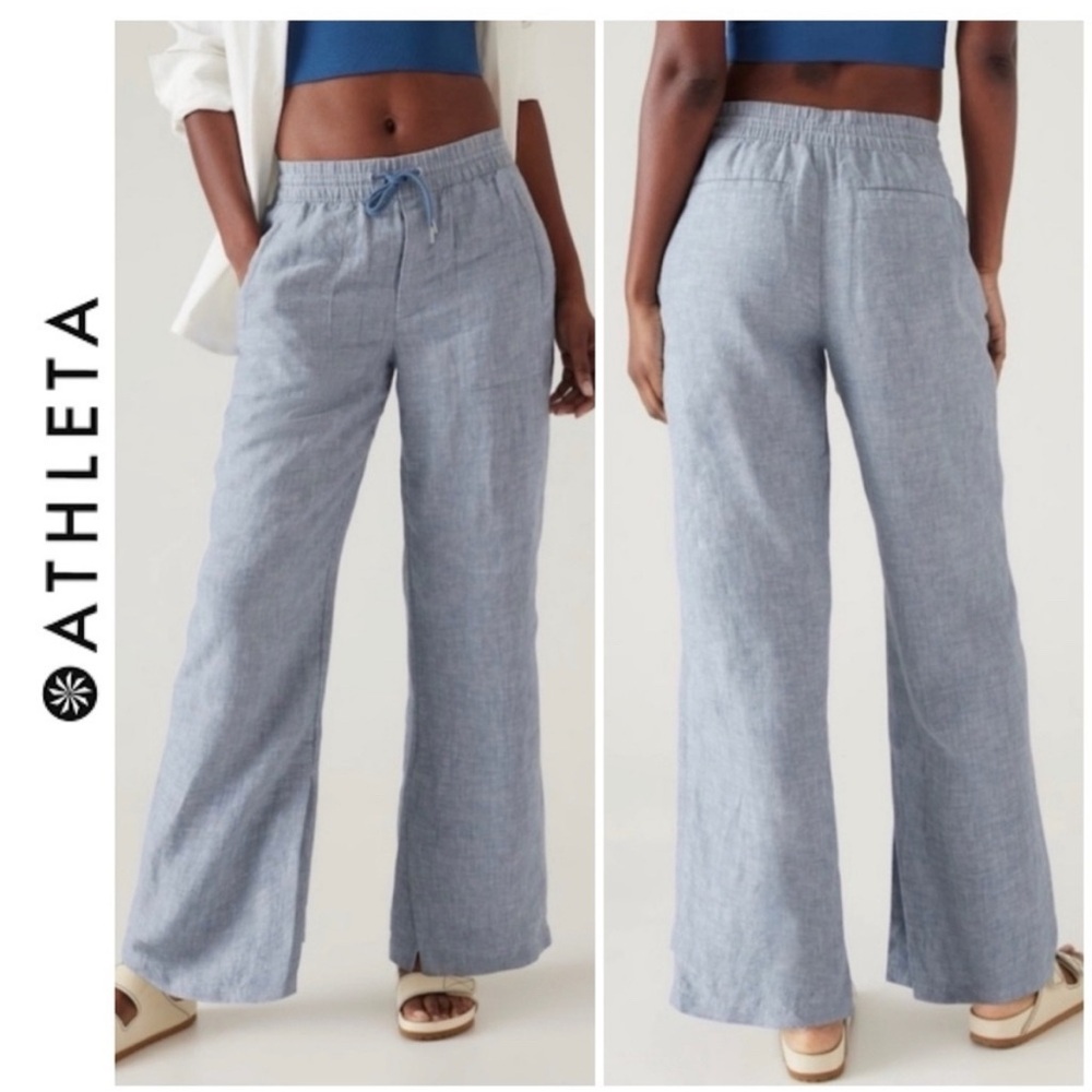 Athleta Retreat 100%Linen mid-rise wide leg pant, pull up, light blue, size 12